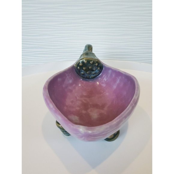 Artisan Art Pottery Ceramic Eggplant Bowl Dish Footed with Handle Signed 10" - Picture 5 of 7